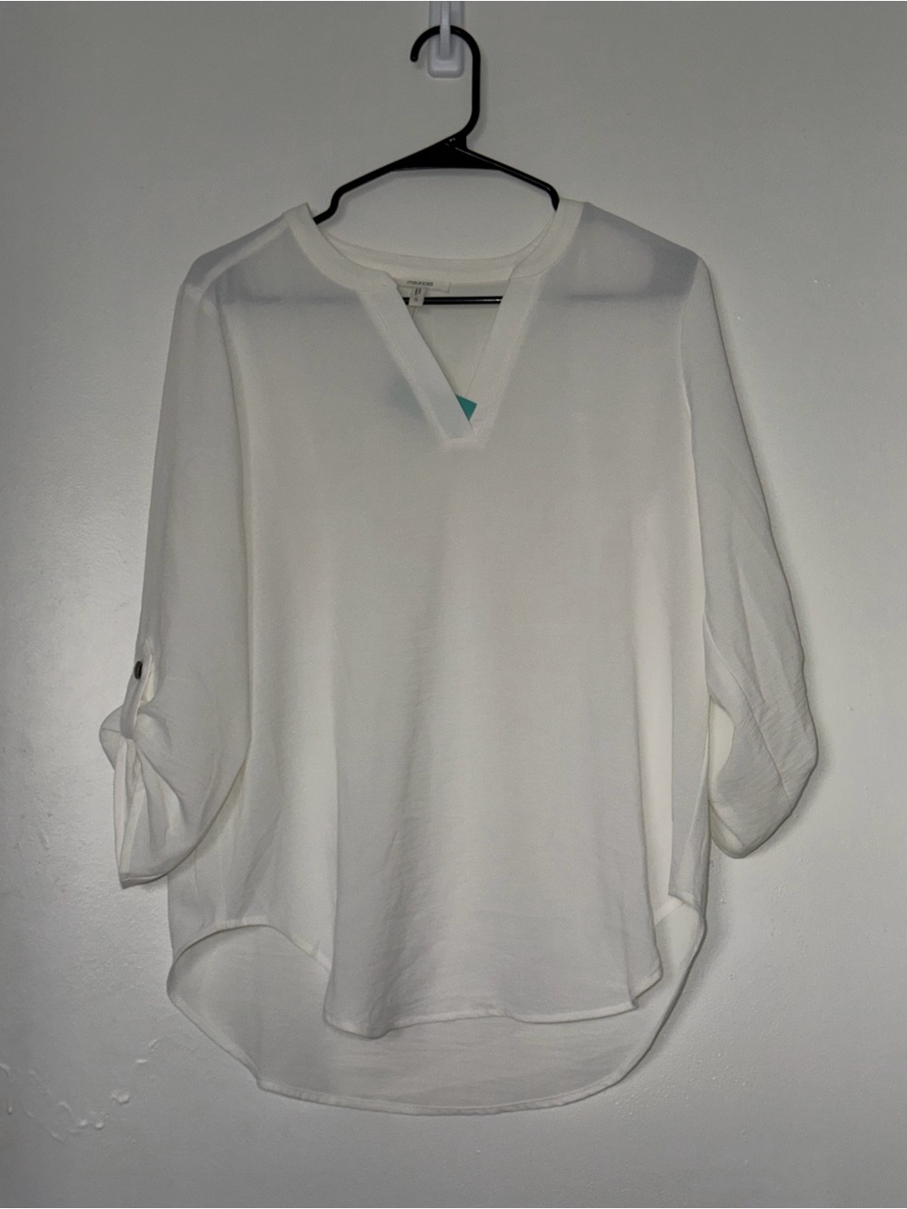 White V Neck Roll Tab Sleeve Preppy Quiet Luxury Women’s Blouse Size Small